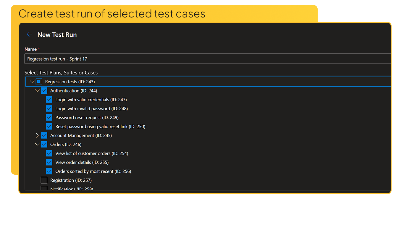 Create test run of selected test cases
