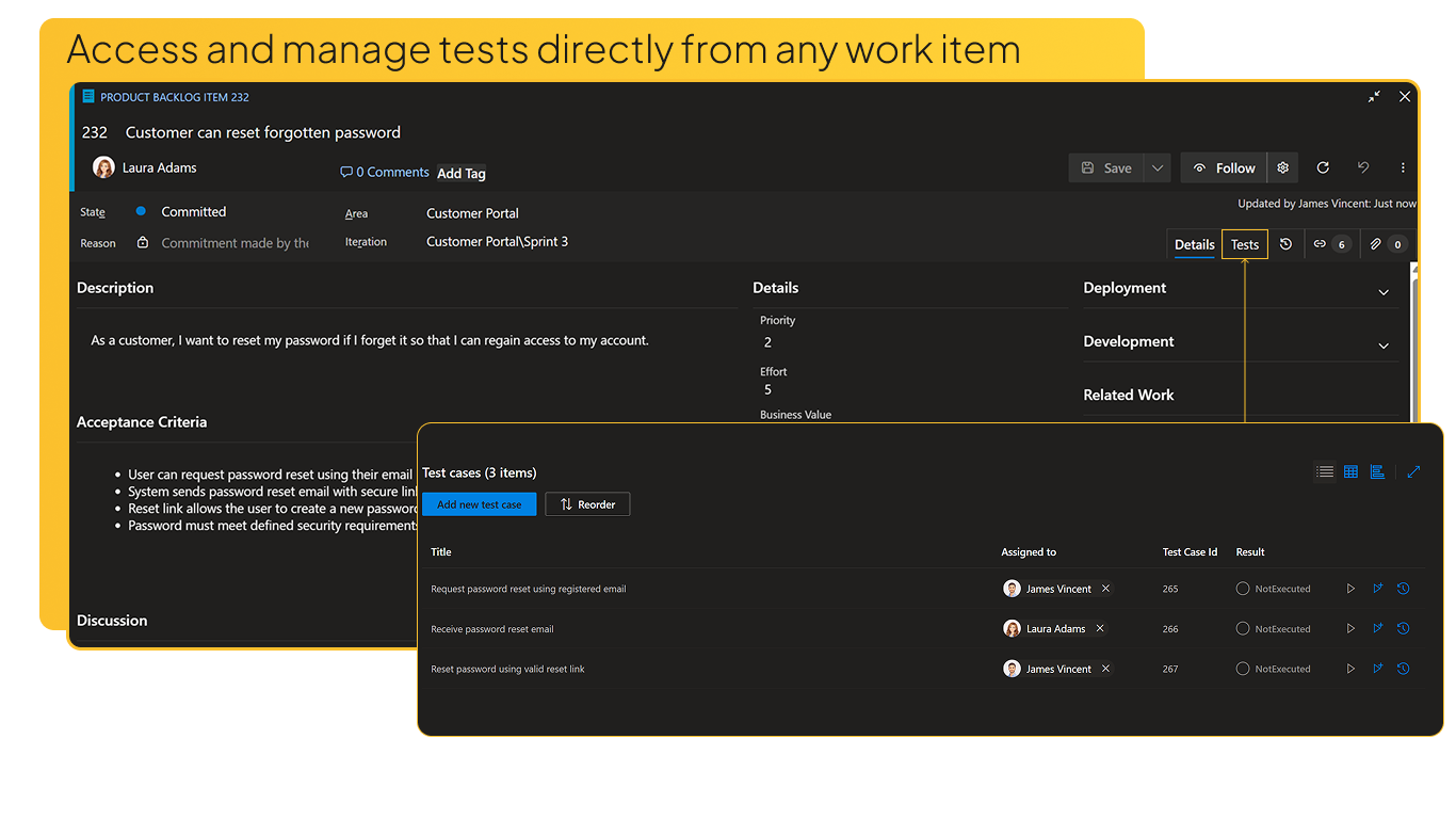 Access and manage tests directly from any work item